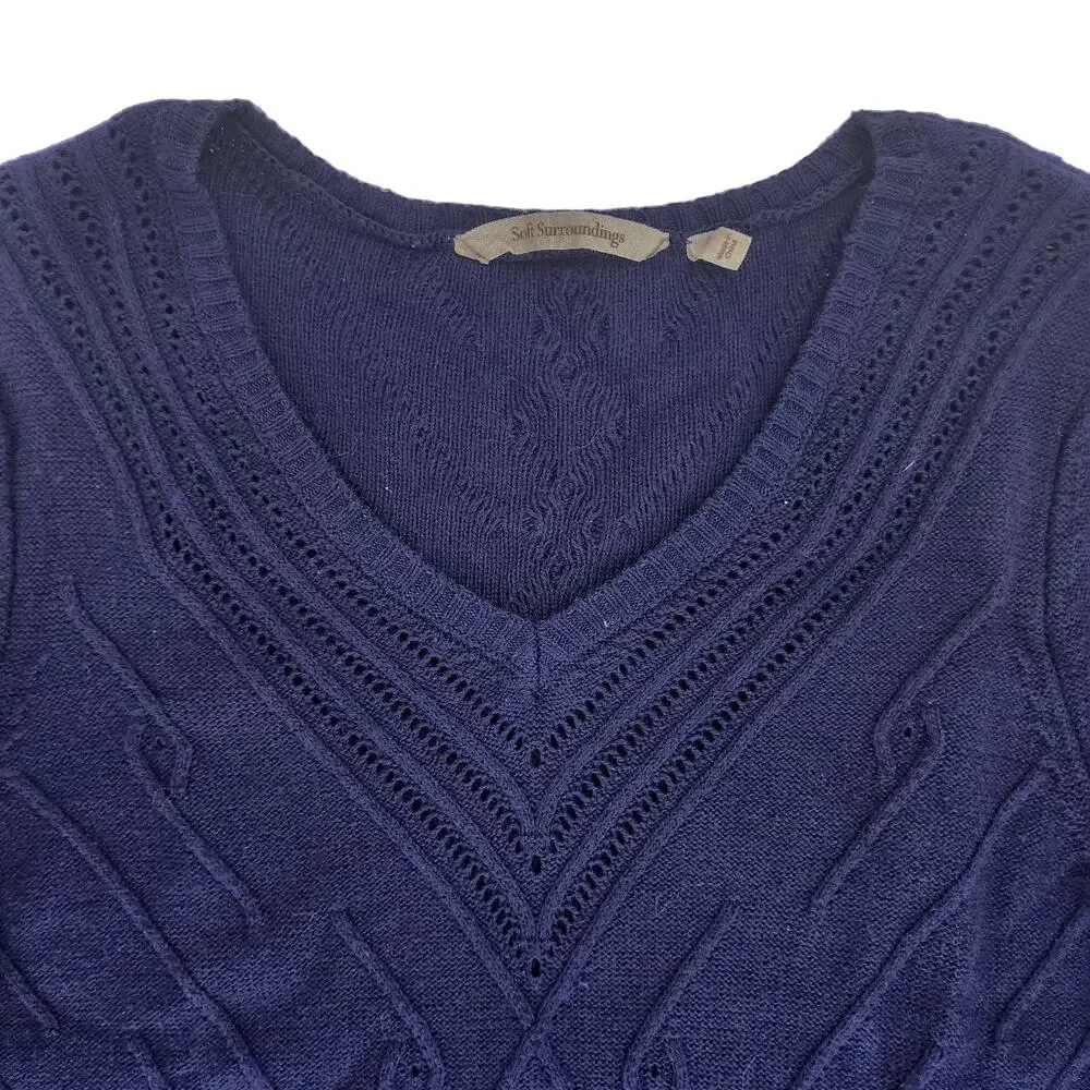 Soft Surroundings Cable Knit Tunic Sweater Medium Size Blue Women’s V Neck - Picture 2 of 11